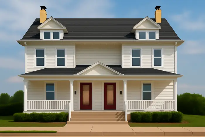 House facade with AI transformation - red doors style